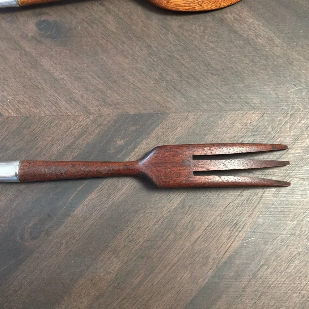 Sterling Silver and Teakwood Serving Spoon and Fork Set - Made in Italy
